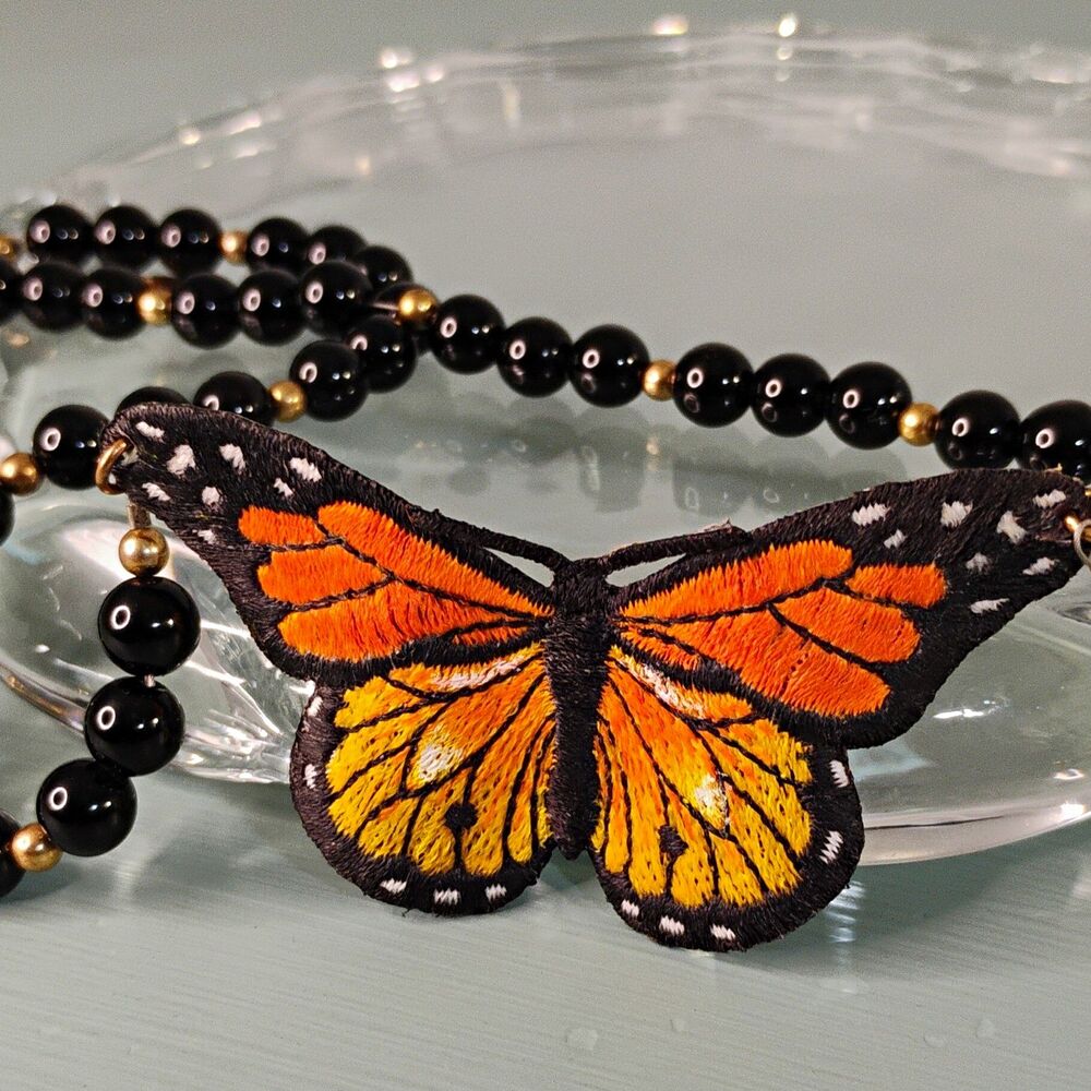 Vintage Black Glass Beaded Necklace With Monarch Butterfly Adjustable 21in